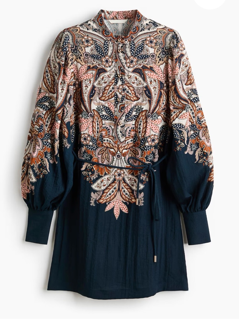 NWT H&M Paisley Tie-Belt Mini Dress Boho Long Sleeve Size S